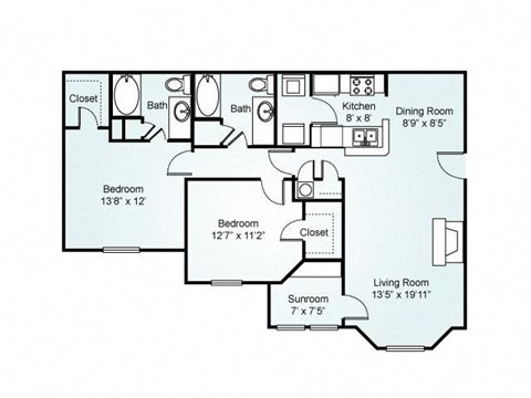 2-bedroom/2-bathroom floor plan layout with 1,167 square feet at Chace Lake Villas apartments for rent in Birmingham, AL